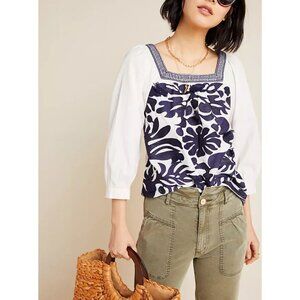 Anthropologie Maeve Liyah Embroidered Linen Blend Peasant Blouse Size‎ 2